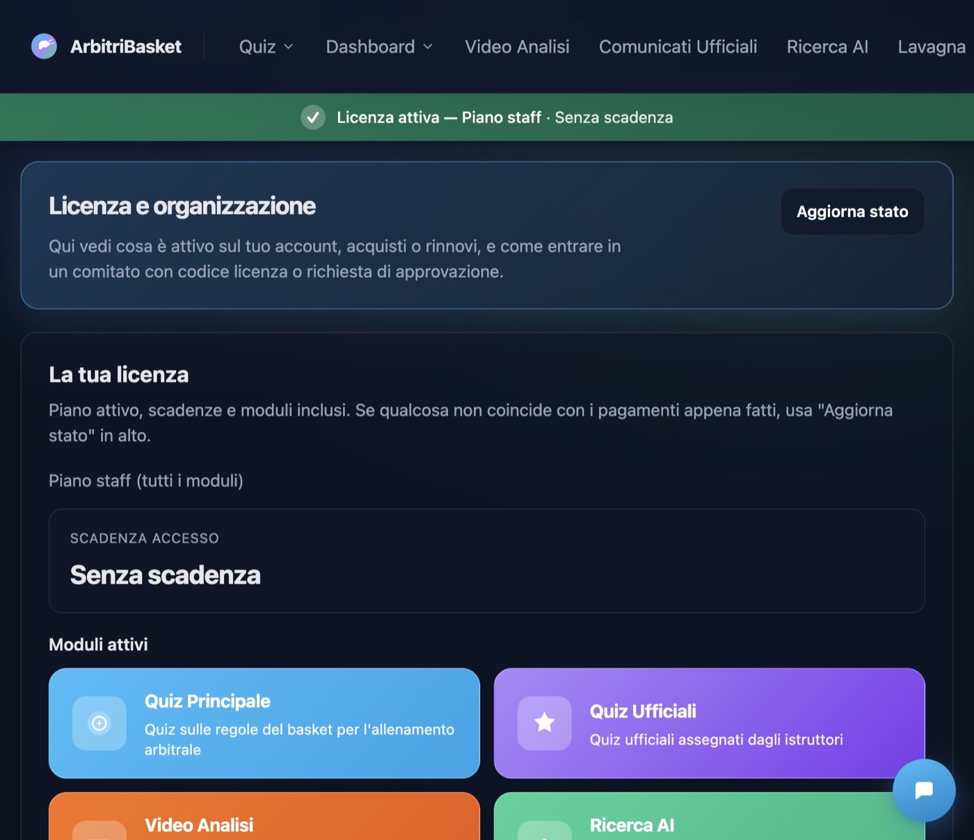 Pagina licenza e moduli attivi