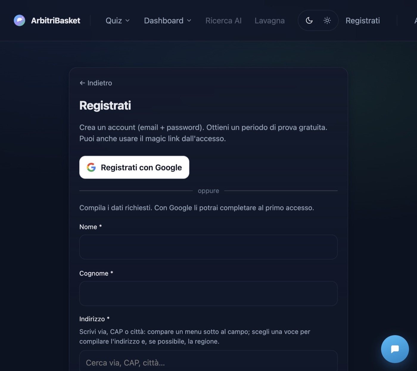 Modulo di registrazione