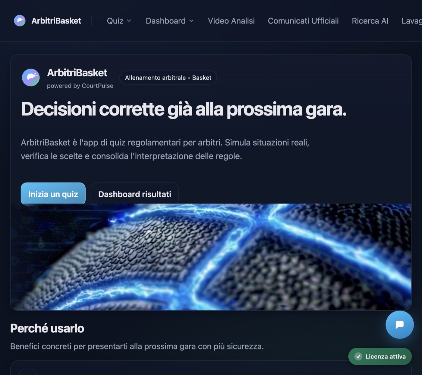 Homepage dopo il login con navbar completa