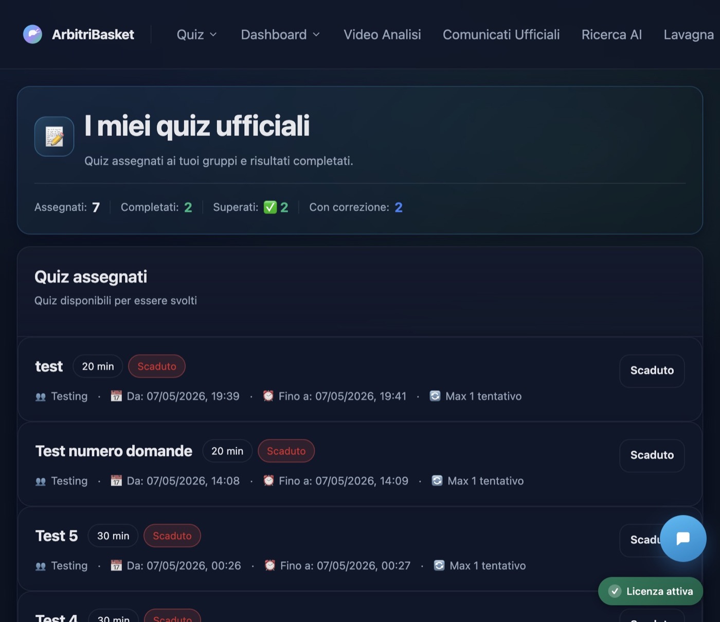 Lista quiz ufficiali assegnati all’arbitro
