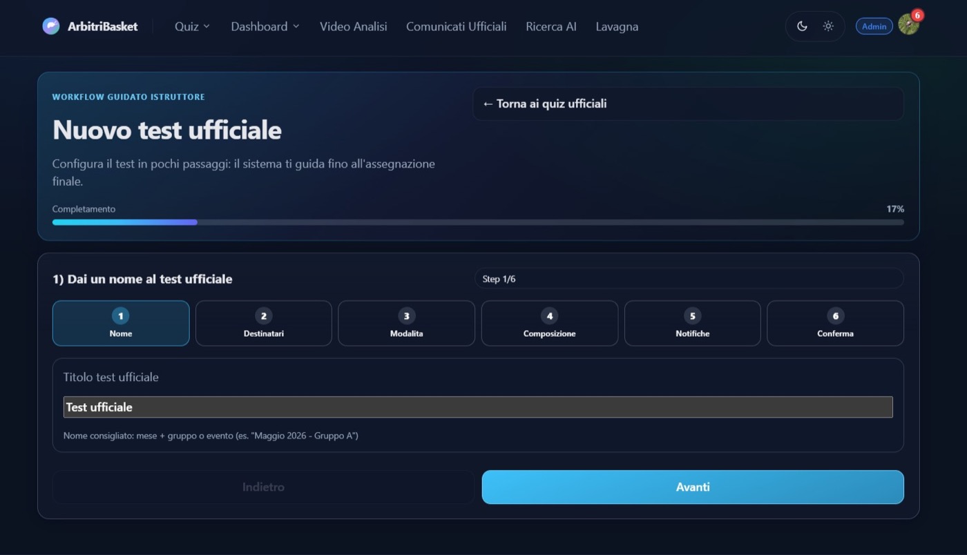 Wizard Step 1: nome del test ufficiale