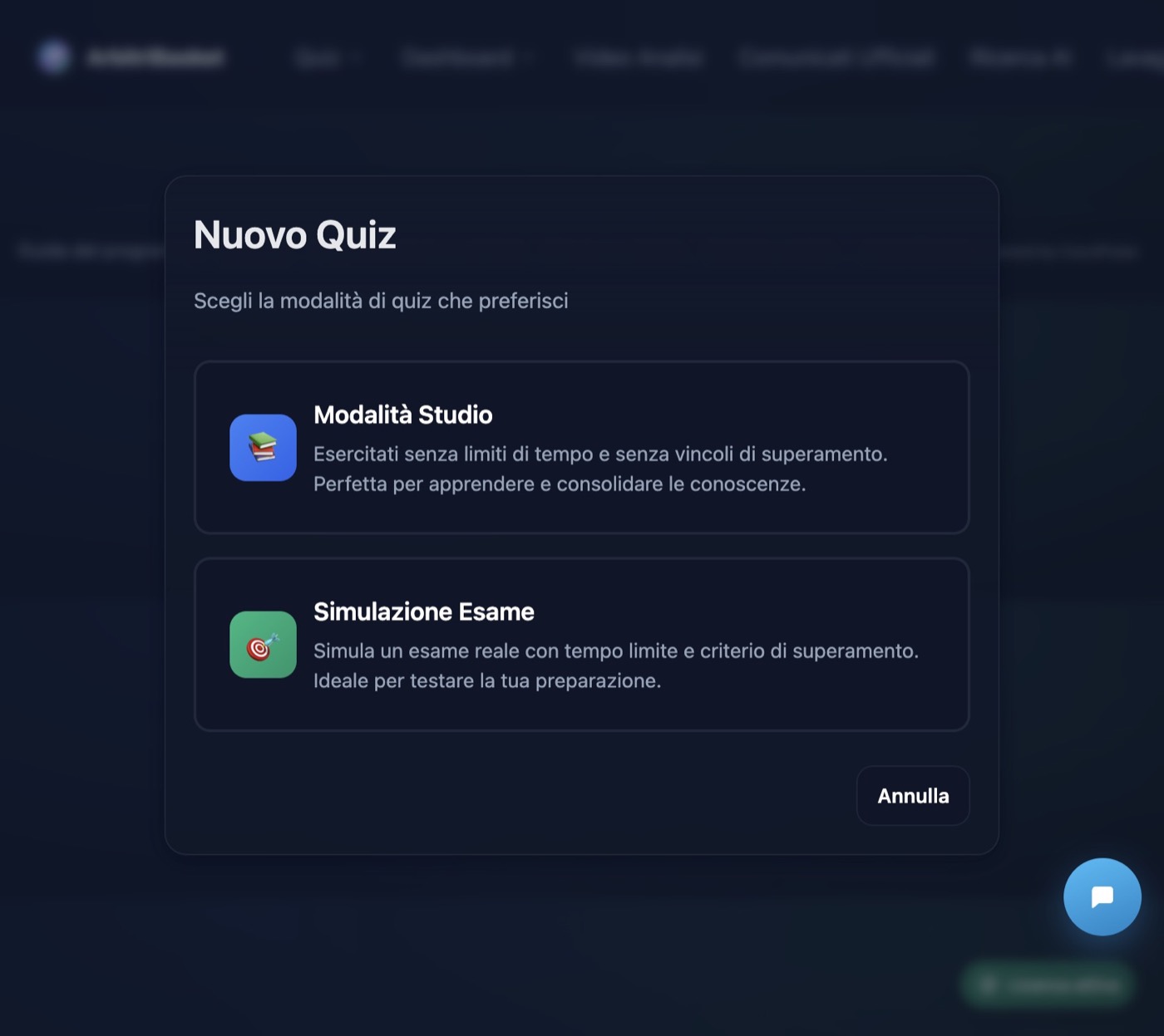 Scelta modalità Studio o Simulazione Esame