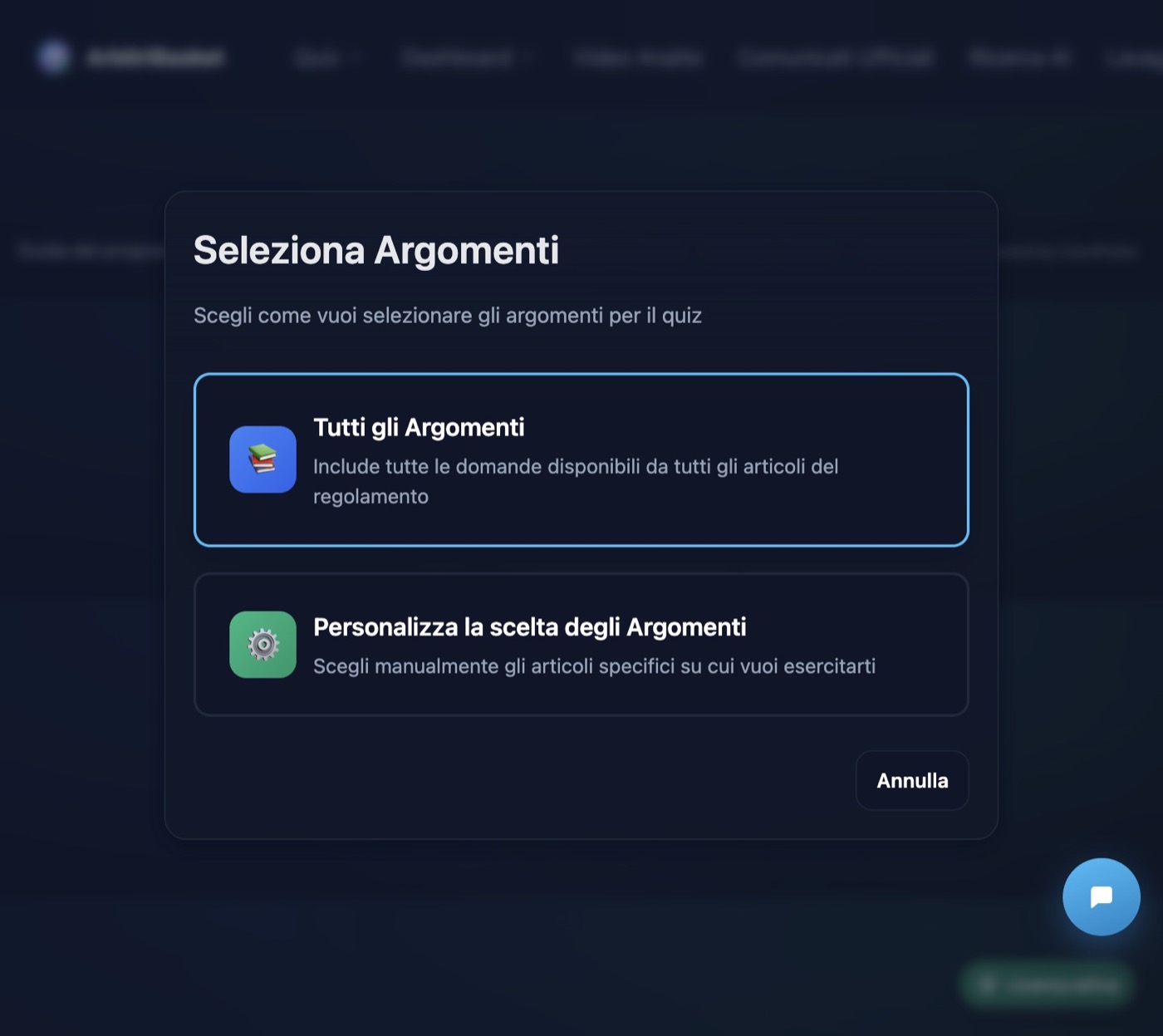 Scelta tutti gli argomenti o personalizza