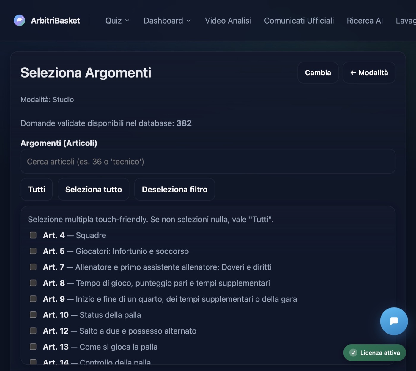 Lista articoli con checkbox