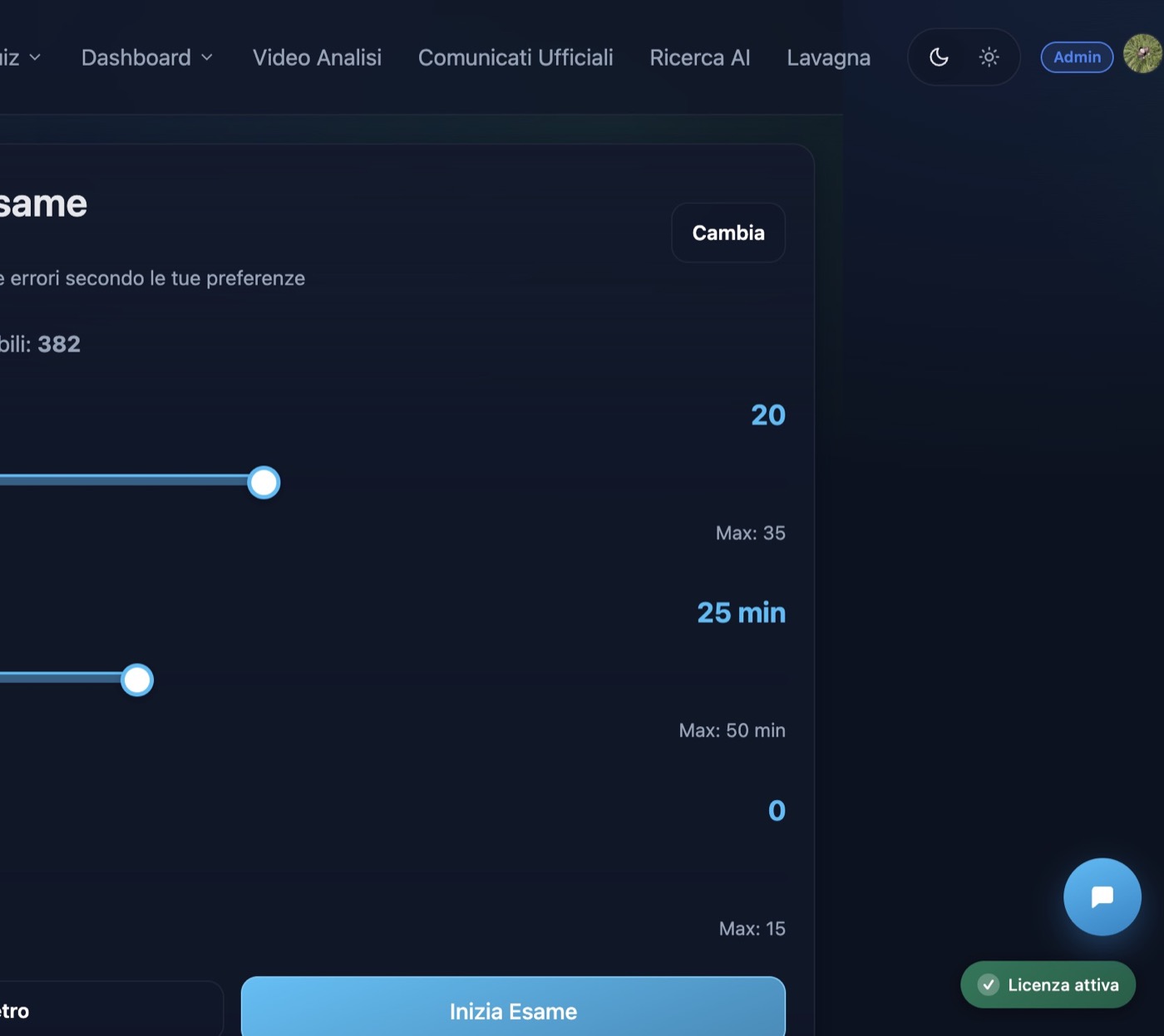 Configurazione esame ufficiale o personalizzata