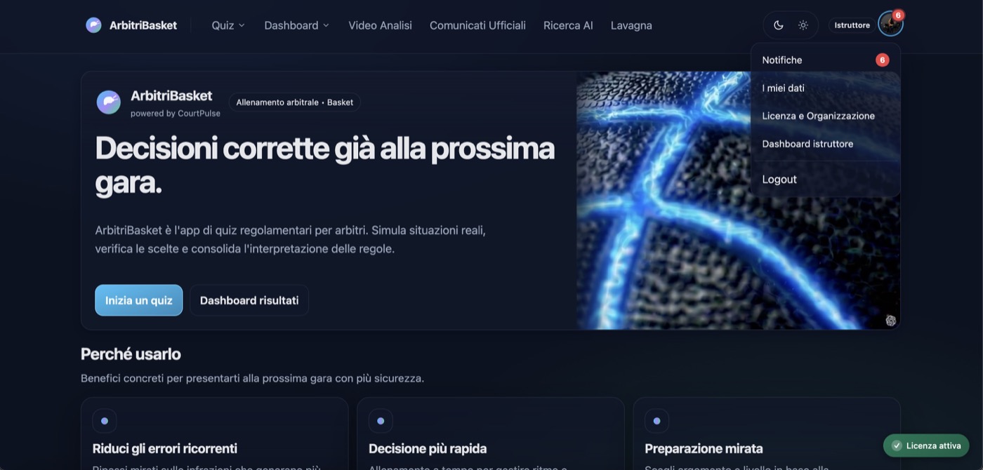 Menu avatar con Dashboard istruttore
