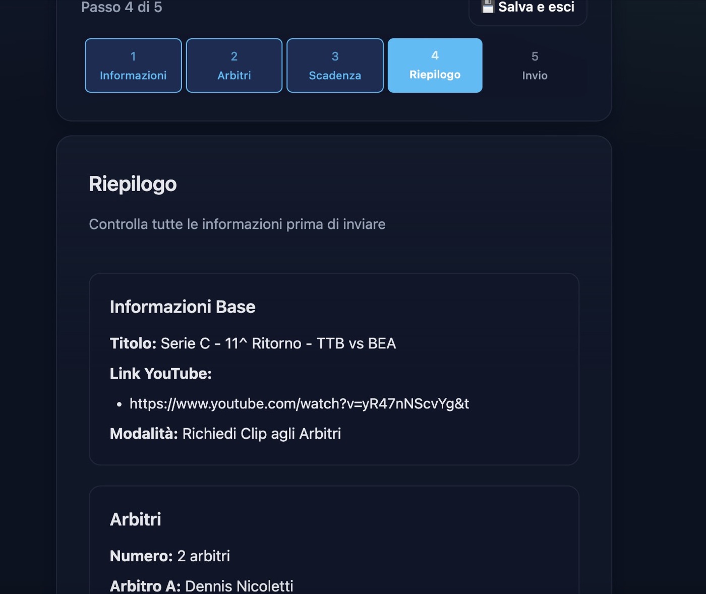 Riepilogo dati video analisi prima dell’invio